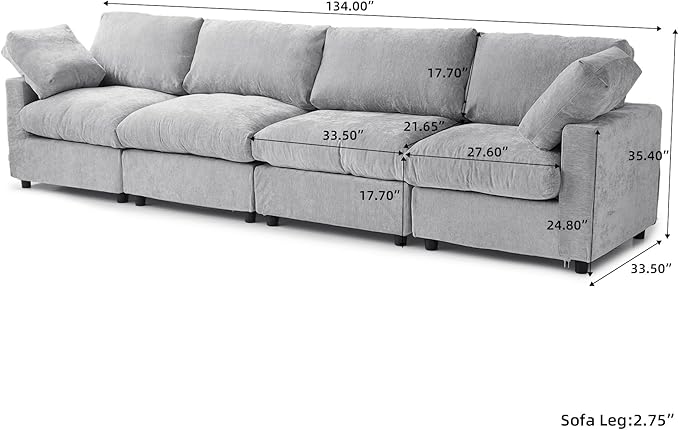 JACH 134" Sectional Couches for Living Room, 4-Seater Convertible Modular Sofa, Cloud Sectional Couch, Sofa Covers Washable, Minimalist Modern Couch for Living Room, Apartment, Light Grey