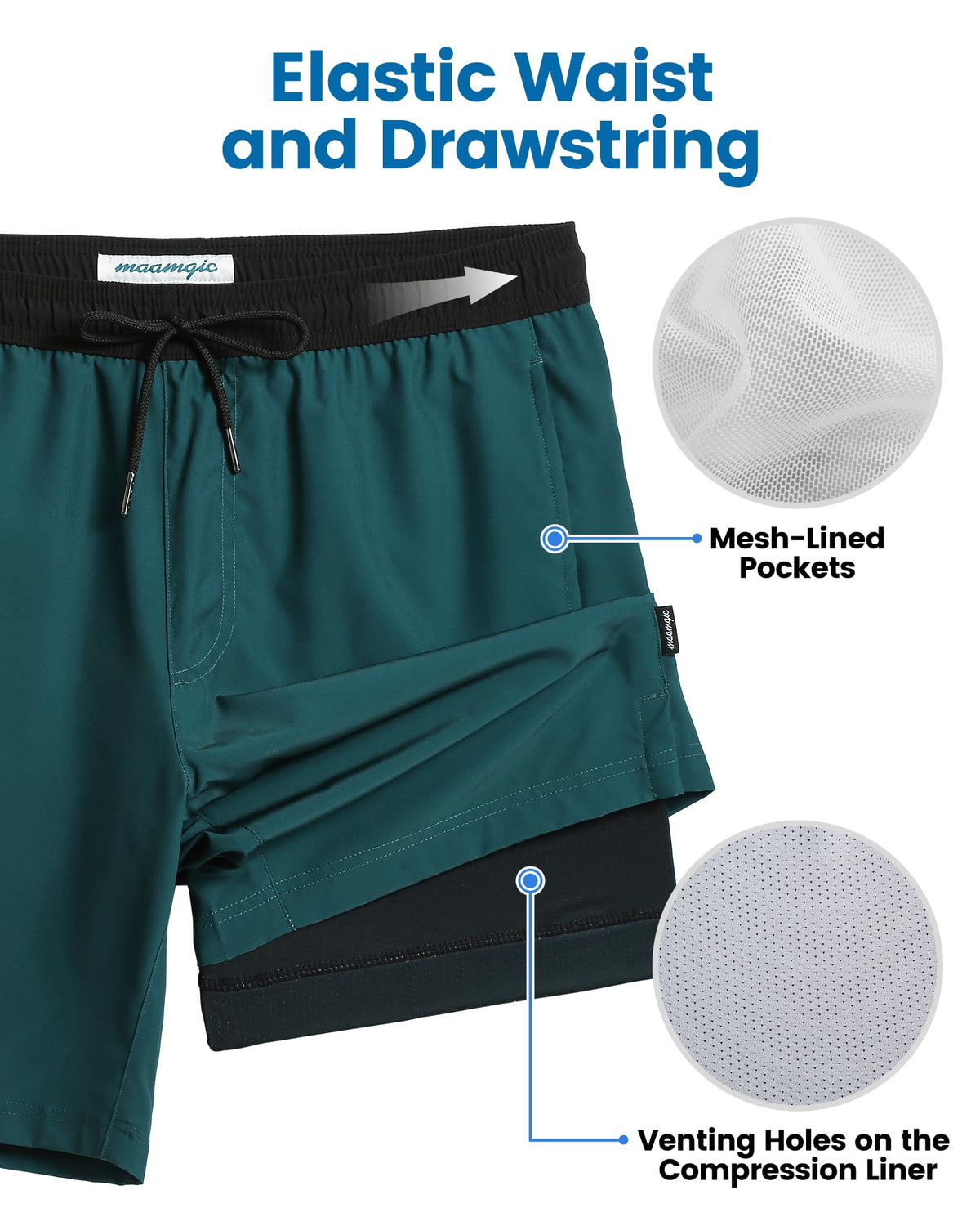 maamgic Mens Swim Trunks with Compression Liner 7 Inch Inseam Mens Bathing Suit Quick Dry Swimming Trunks Swimsuit Reef Green and Black Small