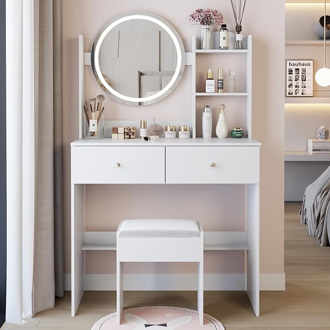 31.5" Small Vanity Desk with Mirror and Lights, Makeup Table with Led Lights, 3 Lighting Colors, Vanity Set with 2 Drawers and Stool for Small Space Bedroom, White