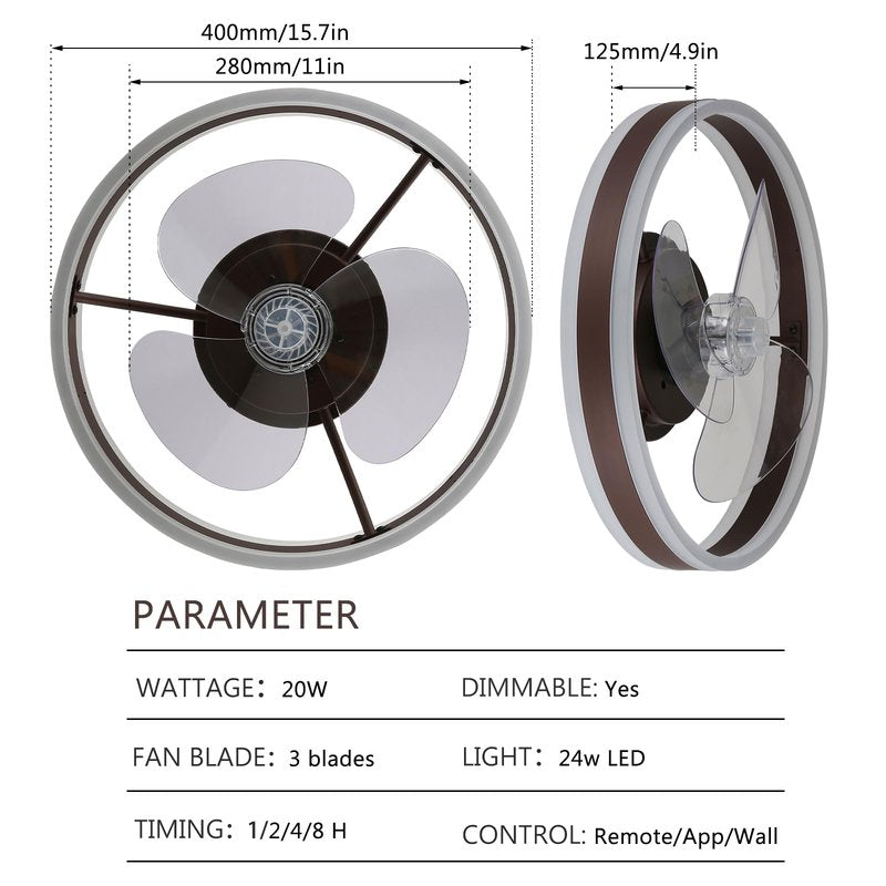 diisunbihuo 16" Low-Profile Ceiling Fan with Light (Coffee Brown), Modern Bladeless Enclosed Fandelier, Dimmable CCT, Remote & App Control, Timer & Memory for Bedroom/Living Room/Hallway