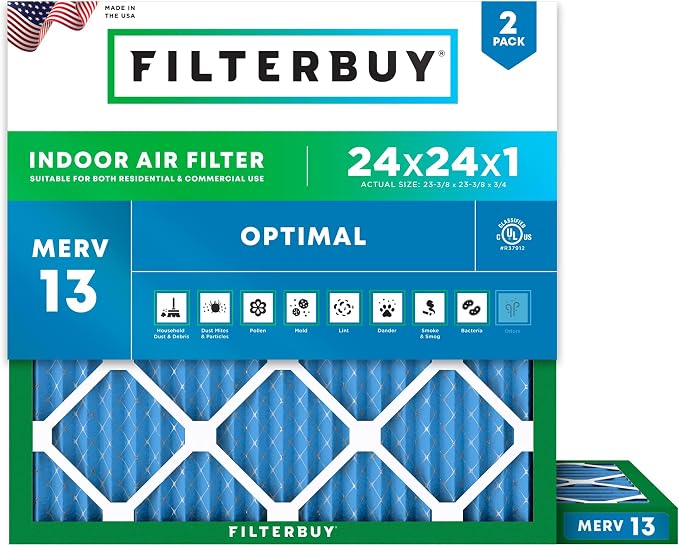 Filterbuy 24x24x1 Air Filter MERV 13 Optimal Smoke & Allergy Defense,