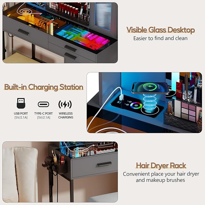 Vanity Desk with Mirror and RGB Lights，Glass top Makeup Vanity Table Set with Stool & Charging Station, Dressing Table with RGB Cabinet,6 Drawers,Lipstick Grid for Bedroom,Grey