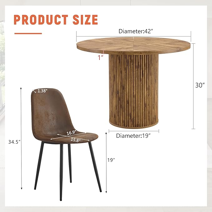 AZmac Round Dining Table Set for 6, Wooden Round Table 7-Piece with Modern Farmhouse Dining Table and 6 Suede Leather Chairs for Kitchen Dining Room, Wooden Table + 6 Brown Chairs