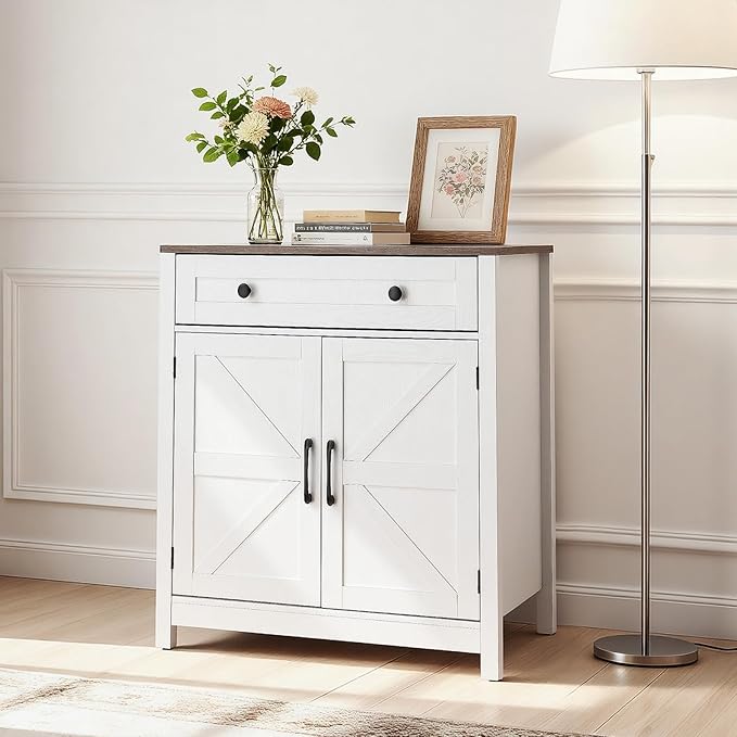 VEVOR Buffet Cabinet, Farmhouse Sideboard Cabinet with Drawer, Coffee Bar Cabinet with 2 Barn Door, Sideboard Buffet Station for Living Room, Entryway, Kitchen, 29.5 x 14.7 x 31.5 in, White