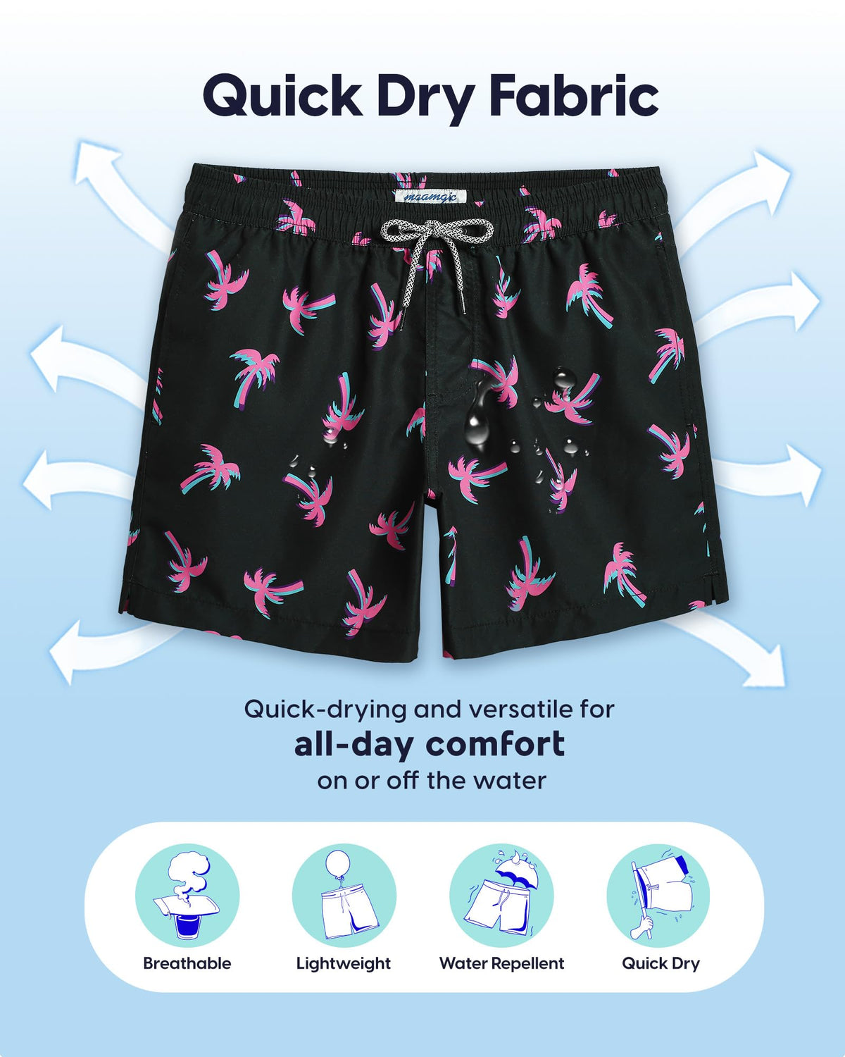 maamgic Mens Swim Trunks 5 Inch with Mesh Lining, Quick Dry Mens Bathing Suit, Swim Shorts for Swimming and Beach, Medium