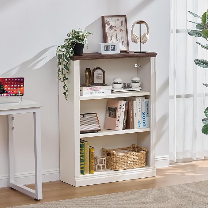 43" White Tall Bookshelf Set of 3,3-Tier Thick Wooden Book Shelf with Adjustable Shelves,Free Standing Farmhouse Bookcase with Open Display Storage,Floor Vintage Bookshelves for Living Room