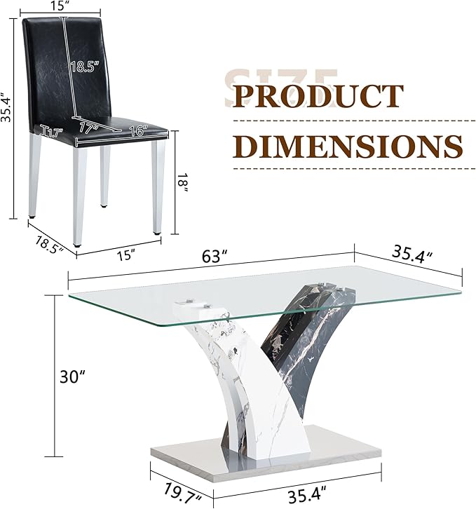 Glass Dining Table Set for 4, 63” Kitchen Table Set for 4, Modern Dining Room Table Set with Upholstered Chairs, Tempered Glass Tabletop with Y Shape Base