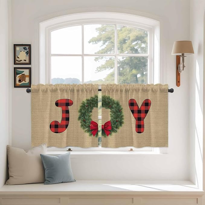 Red Green Christmas Kitchen Tier Curtains 36 Inch Long 2 Panel Set, Rod Pocket