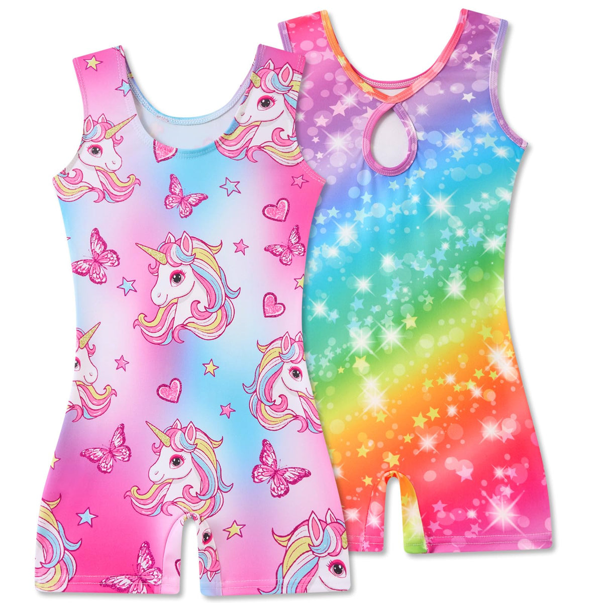 Taubow 2 Packs Leotards for Girls Size 7-8 Gymnastics Outfit Rainbow Leotard Unicorn Biketard with Shorts Tumbling Outfit