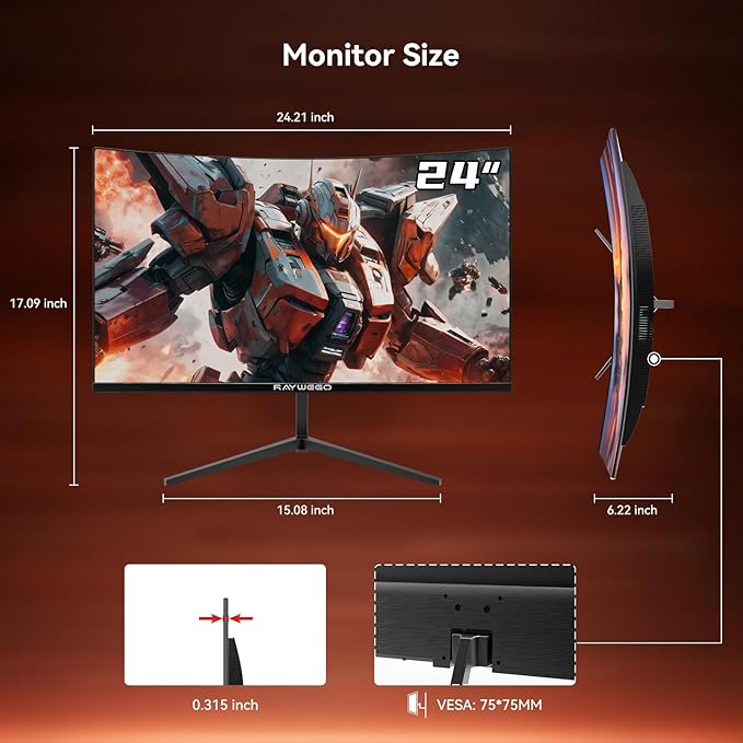 24 inch Curved Gaming Monitor 180Hz 1ms,FHD 1920×1080P,4000:1 Contrast Ratio,with FreeSync & Eye-Care Technology, Support DP, HDMI,USB,3.5mm Port for Gaming Home Office,Wall Mount Install