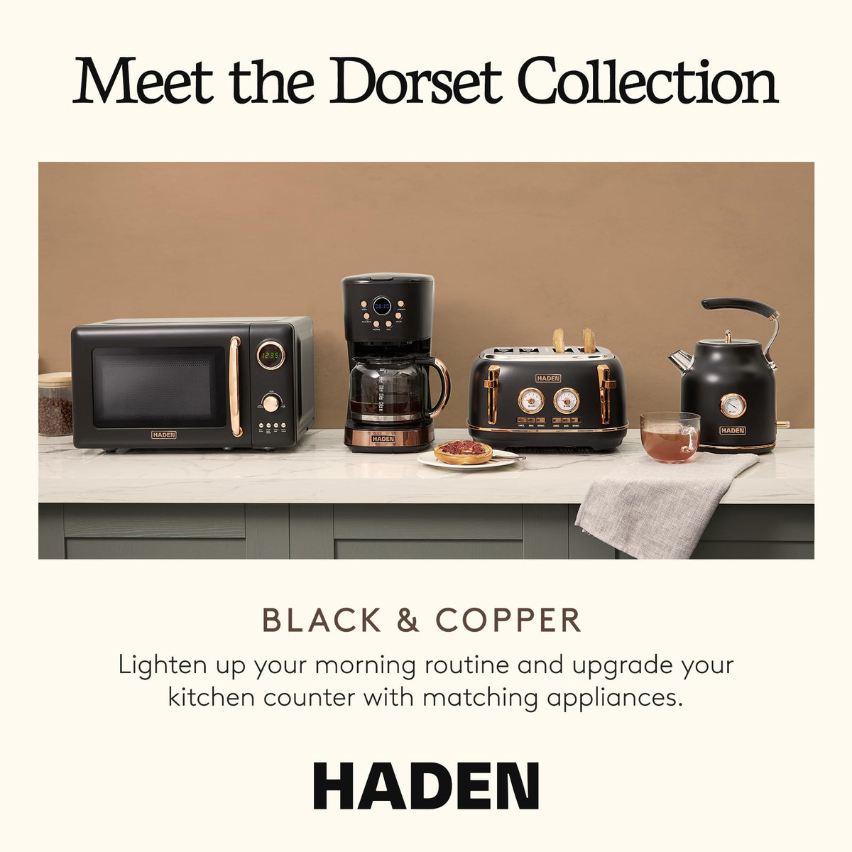 Haden Dorset Stainless Steel Electric Kettle, Black & Copper, 1.7 Liter