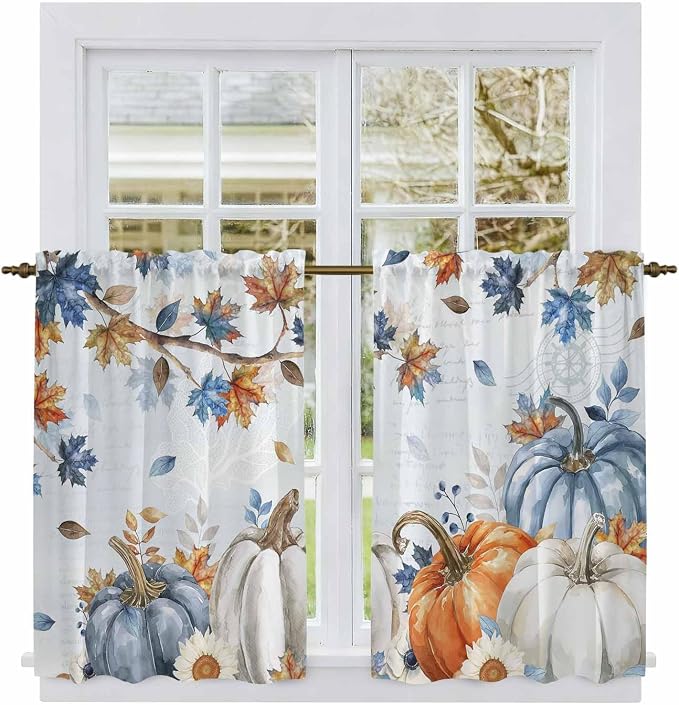 Fall Blue Maple Kitchen Curtains 45 Inch Long 2 Panel Set, Rod Pocket Window