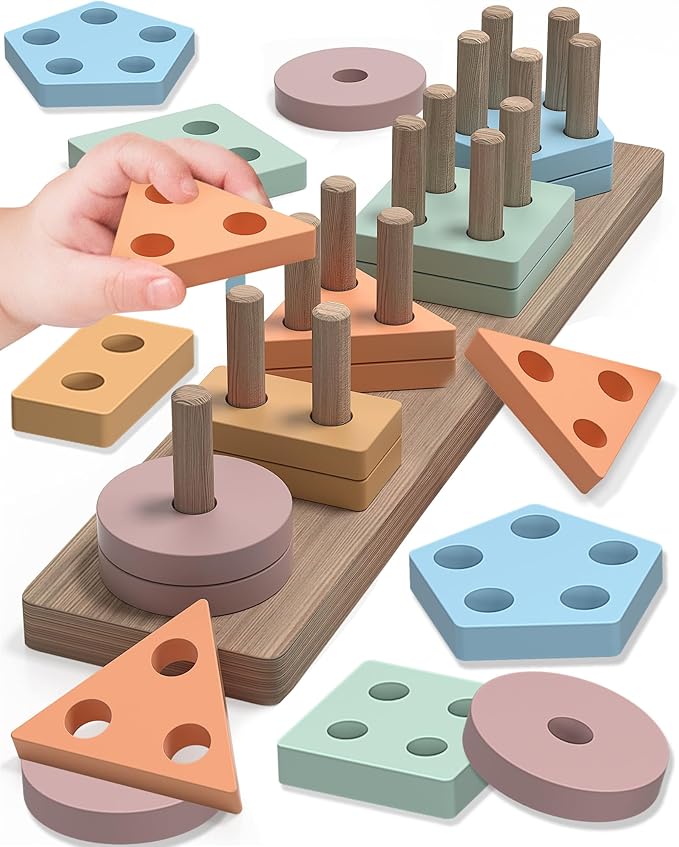 Montessori Toys for 1 2 3 Year Old Boy Girl, Toys for Ages 2-4 Toddlers Kids Baby, 1 2 Year Old Birthday Gifts, Wooden Learning Puzzles Easter Basket Stuffers Toys for Toddlers 1-3
