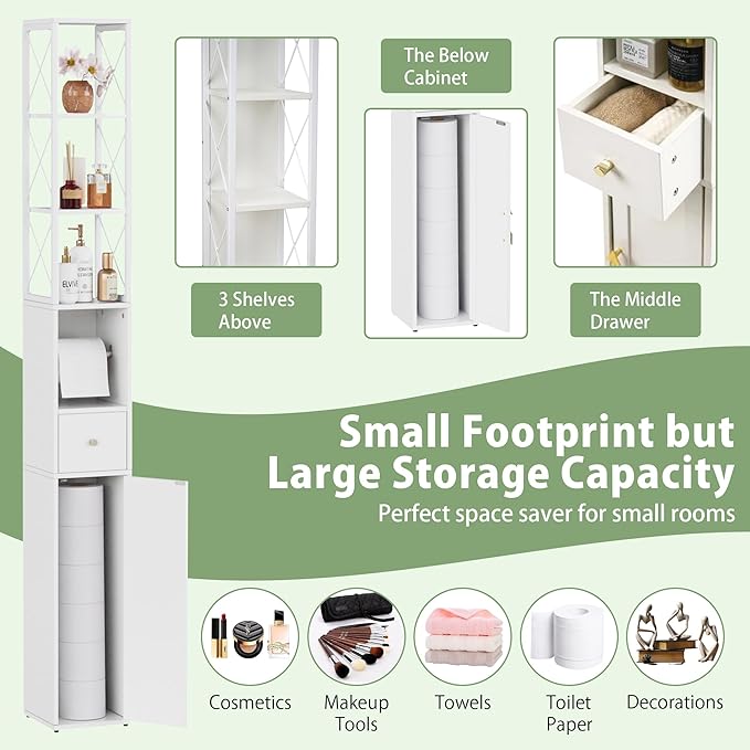 VECELO Narrow Bathroom Storage Cabinet with X-Frame Metal Design, 67" Tall Freestanding Cabinet with Toilet Paper Holder, Slim Tower Cabinet with Magnetic Door & Drawer, for Small Spaces, White