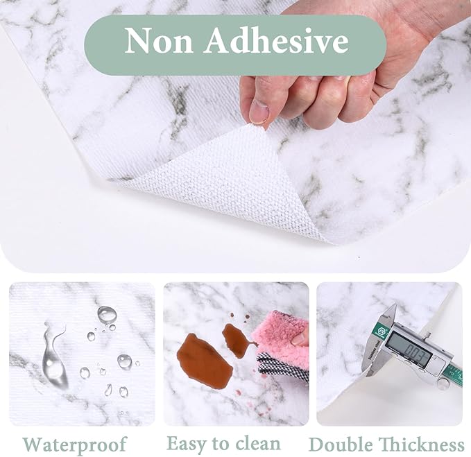 Drawer and Shelf Liner for Kitchen Cabinet: 23.6 in X 30 Ft Non Slip Waterproof Shelf Paper Non Adhesive Refrigerator Liners White Marble Easy Liners for Bathroom with Knife Tape Measure