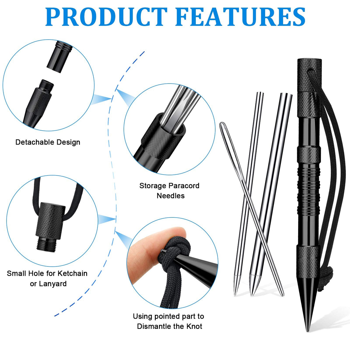 Ferraycle 12 Pcs Paracord FID Set Stainless Steel Knotter Tools Marlinspike Set Paracord Stitching Lacing Stitching Needles and Smoothing Tool Knotter Work Tools for Leather Weaving(Black)