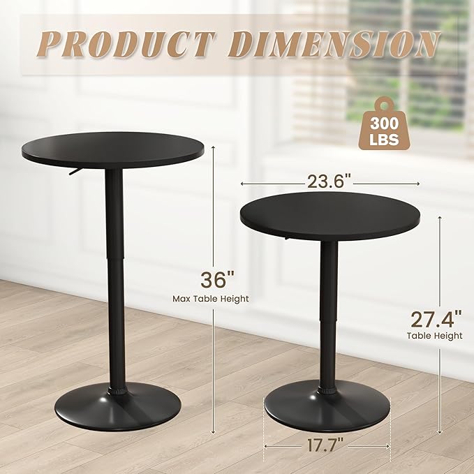 Shahoo Round Bar Table, Adjustable Height and 360° Swivel Bistro Pub Table, Cooktail Table for Bar, Bistro, Dining Room, Black