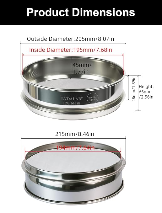 All 304 Stainless Steel 120 Mesh Test Sieve, 8 Inch/20cm Diameter, Lab Sifter &