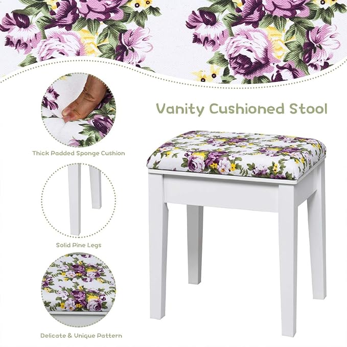 CHARMAID Makeup Vanity Desk with Flip Top Mirror, 3 Drawers, 7 Storage Compartments, White Writing Desk Dressing Table Vanity Set with Cushioned Stool for Kids Girls Women, Easy Assembly