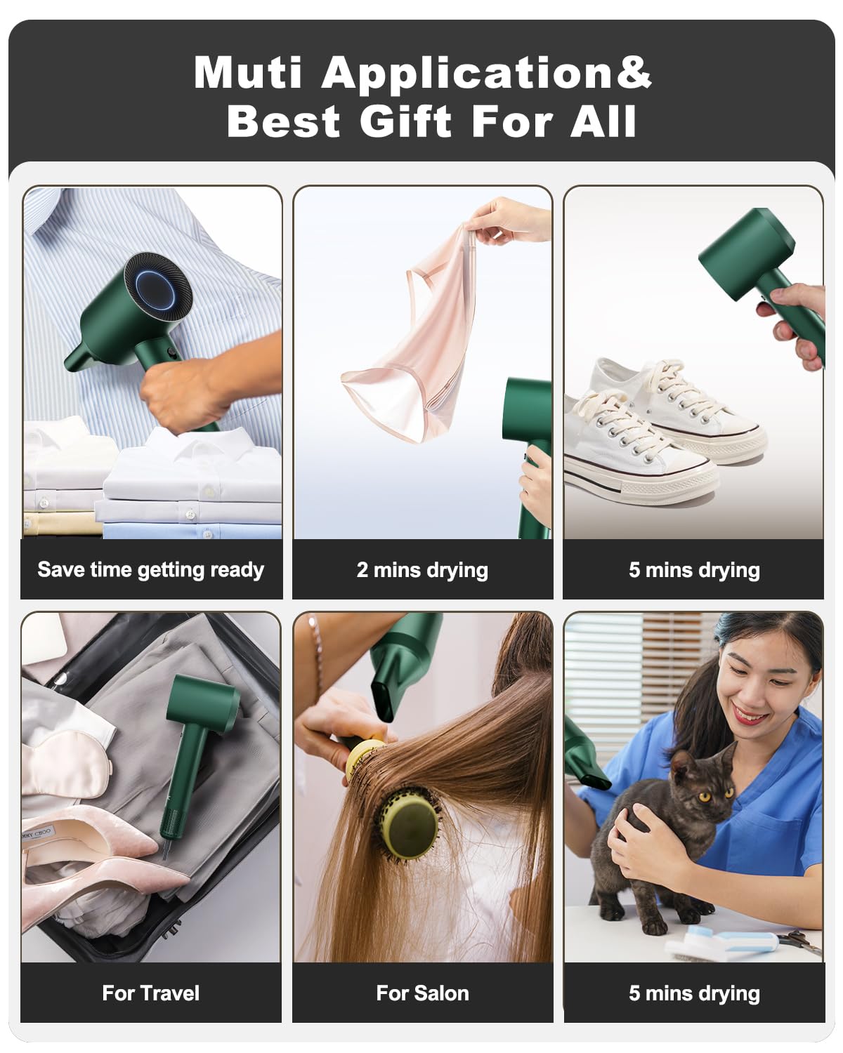 7MAGIC High-Speed Hair Dryer with 110,000RPM Brushless Motor for Fast Drying, Low Noise Blow Dryer with Tri-Colour LED Light Ring, 1400W Ionic Hair Dryer for Home and Travel, Magnetic Nozzle, Green