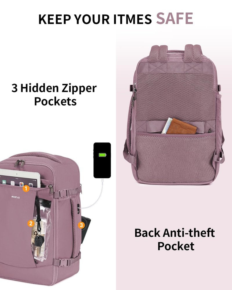 ECOHUB Travel Backpack for Women, Carry on Backpack with USB Charging Hole, Spirit Airlines Personal Item Bag Flight Approved, 15.6 Inch Laptop Backpack with Anti Theft Pockets, 30L, Pink