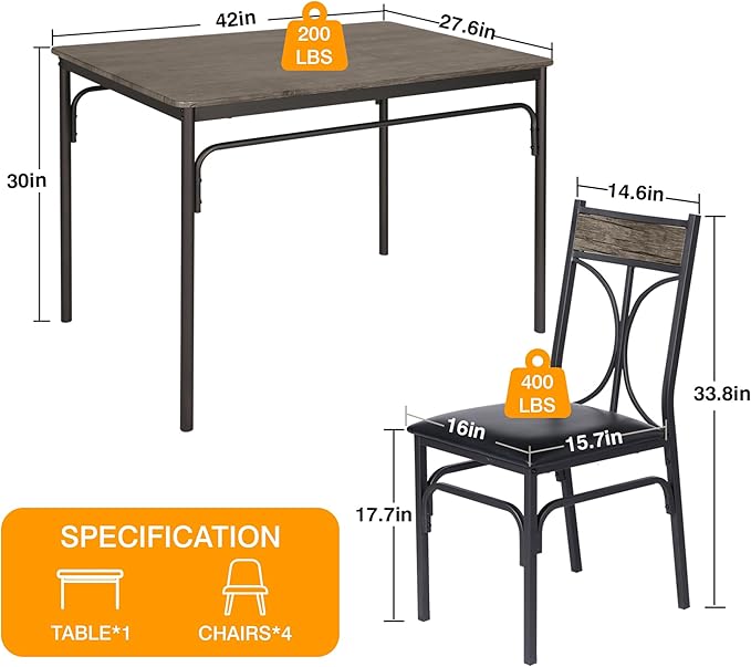 VECELO 5-Piece Dining Table Set for Home Kitchen Small Space Breakfast Nook, 4 Faux Leather Metal Frame Chairs, Brown,Set for 4