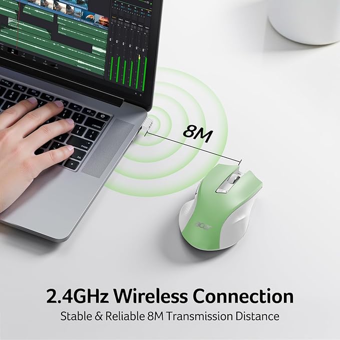 acer Wireless Mouse for Laptop, 2.4GHz Computer Mouse 3 Adjustable DPI Office Cordless USB Mice with USBA Receiver, 6 Buttons, 1600 DPI, Medium to Large Sized Hands (Green)