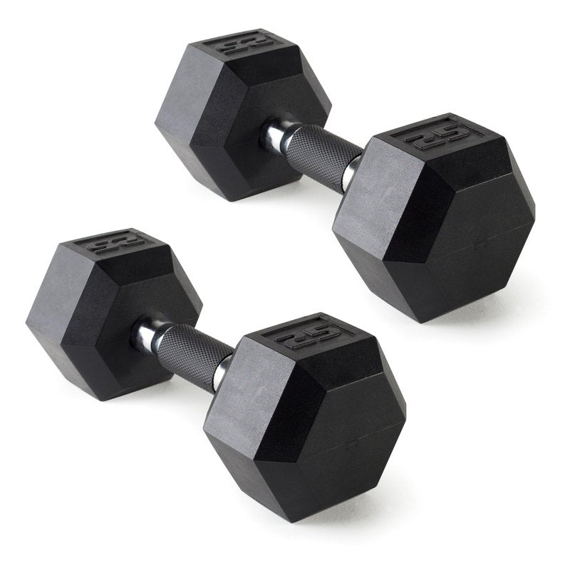CAP 25 LB Rubber Coated Hex Dumbbell Weight, Rubber Free Weights for Home Gym Strength Training, Comfort Grip Handle, Pair