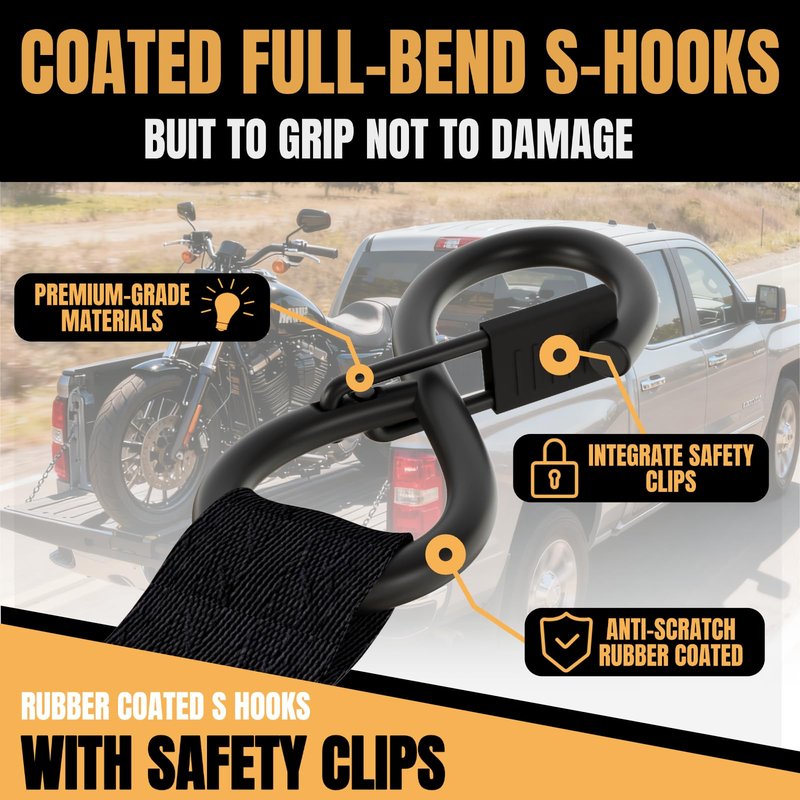 Renegrip Retractable Ratchet Straps Heavy Duty Tie Down 1''*12ft Breaking Strength 1760LBS Cargo Securing System,for Motorcycle,UTV,ATV,Trailer(Black,4Pack)