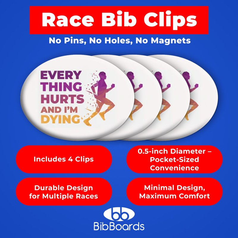 bibSNAPS Race Bib Clips - Safety Lock Fasteners - Secures Running, Marathon, Cycling & Event Number, Non Magnetic, Easy to Use, Soft & Reusable - Replacement for Pins & Magnets, Everything Hurts(4pcs)