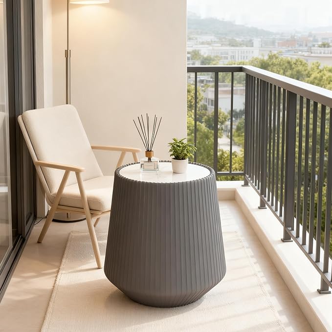 Grey Round Coffee Table with Sintered Stone Tabletop, 17.71" Drum Coffee Table with Fluted PU Leather Covered and Stable Base, Circle Cocktail Tea Table for Living Room