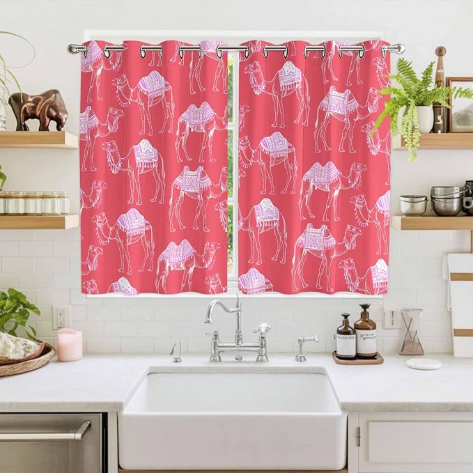 2 Panel Kitchen Cafe Curtains, Desert Camel Sunlight Filtering Nature Air