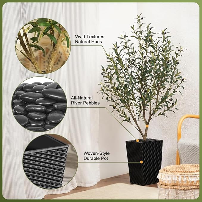 Artificial Olive Tree 5FT Indoor&Outdoor Faux Plant - UV Resistant Large Fake Tree with Black Planter & Pebbles, Realistic Tall Potted Artificial Trees for Modern Home Decor Office Living Room VN132