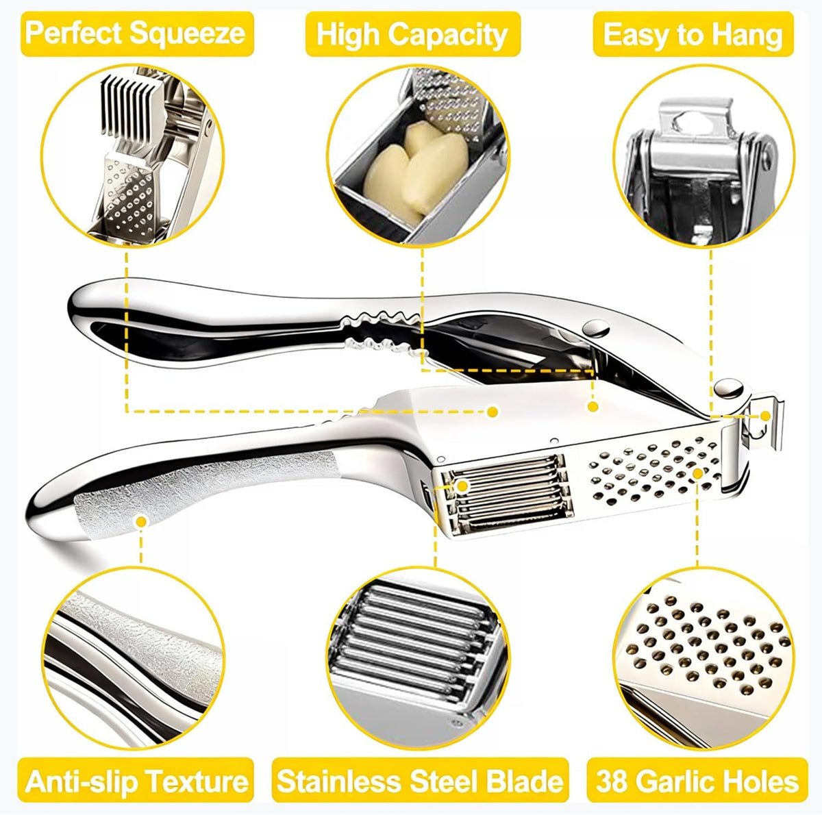 Garlic Press and Slicer 2 in 1, Rust Proof & Dishwasher Safe Professional Garlic Mincer Tool, Effortlessly Crush and Mince Garlic with this Ergonomic Handle-Garlic Slicer & Brush ANCQMI(Pear white)