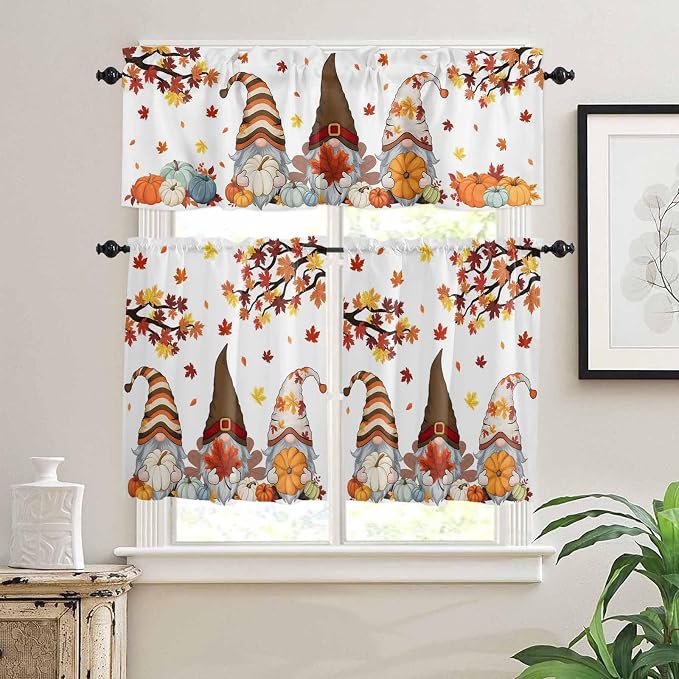 Fall Kitchen Curtain Set, Light Filtering Short Curtains Valance