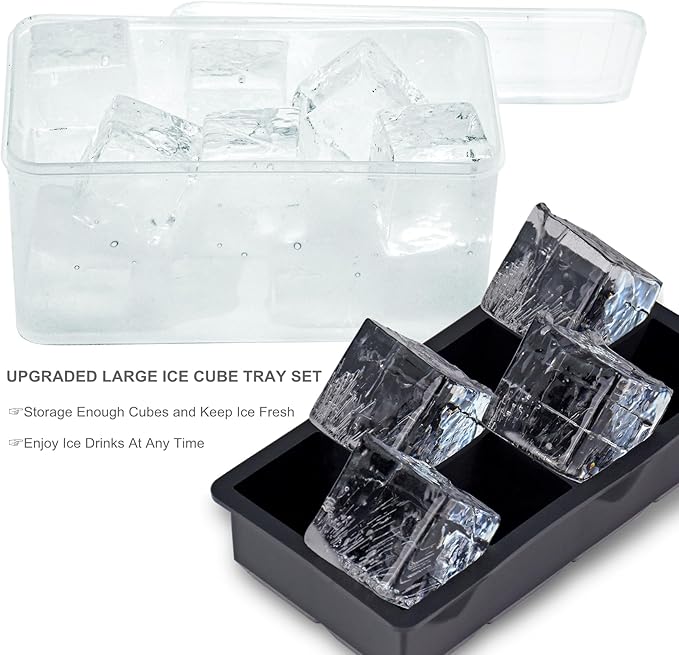Bangp Large Silicone Ice Cube Tray with Bin and Tongs,2 Pack,Black