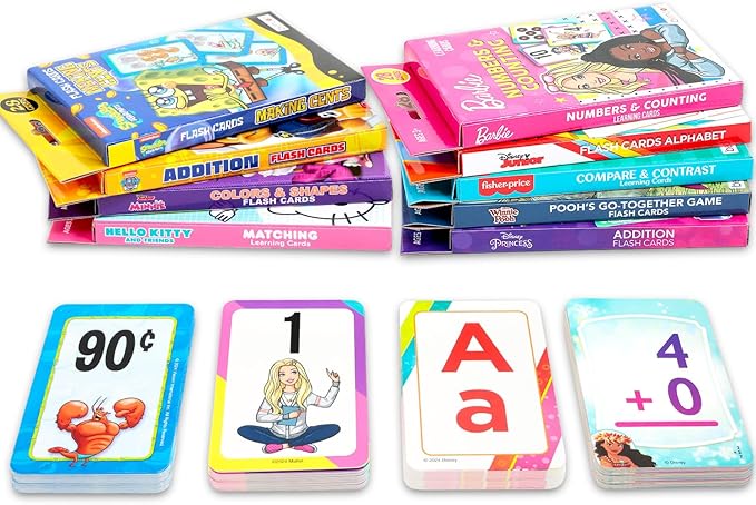 Bulk Licensed Flash Cards for Toddlers - 9 Packs of Flashcards Learning Set Featuring Hello Kitty, Paw Patrol, Spongebob, Disney Princess, More | Kindergarten Preschool Learning