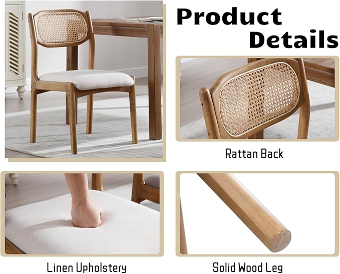 EALSON Mid Century Modern Rattan Dining Chairs Set of 4 Upholstered Linen Dining Room Chairs with Cane Back Farmhouse Kitchen Chairs Comfy Side Chair with Hardwood Frame,Beige
