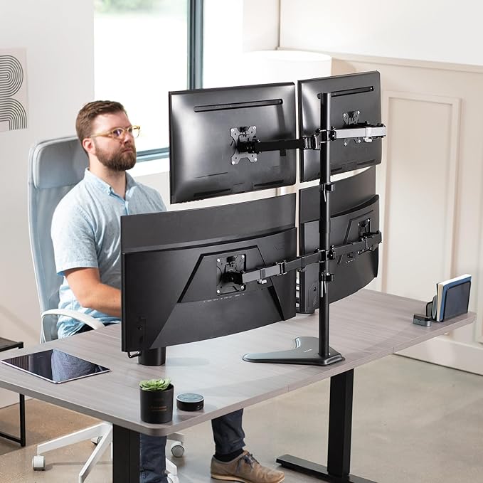 VIVO Quad 13 to 30 inch Monitor Free-Standing Mount, Fully Adjustable Desk Stand, Holds 4 Flat or Curved Display Screens, STAND-V004F
