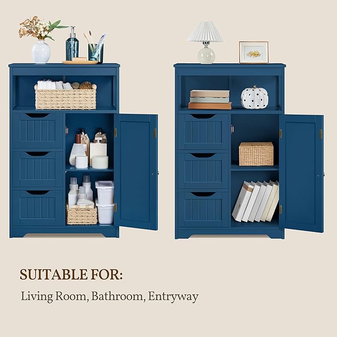 Yaheetech Bathroom Floor Cabinet, Free Standing Wooden Storage Organizer Multiple Tiers Storage Living Room Cabinet, Navy Blue