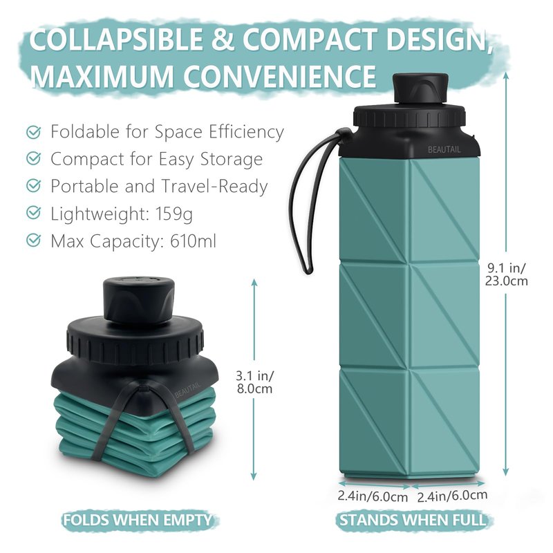 BEAUTAIL Collapsible Water Bottles, Silicone Foldable Water Bottle 610ml, BPA-Free Portable Reusable Leakproof Bottle for Gym Travel Camping Hiking Sports Outdoor, 1 Pack (Blue)
