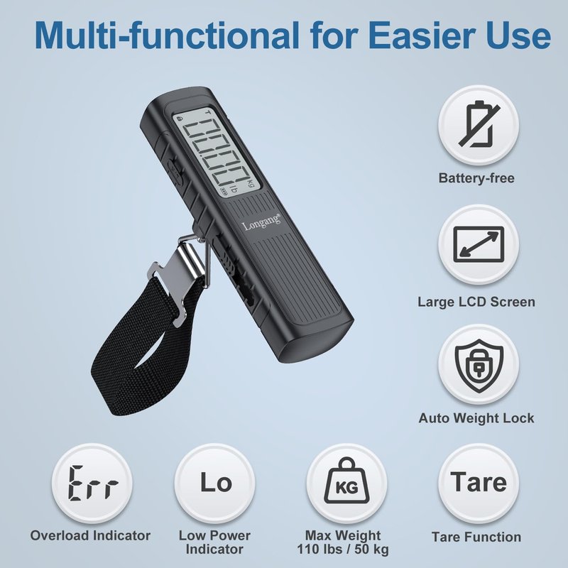 Battery-Free Digital Luggage Scale, 110lbs/50kg Portable Handheld Hanging Scale for Luggages, Suitcases, Backpacks & Bags, Easy Weighing for Travel, No Need Batteries (Black)