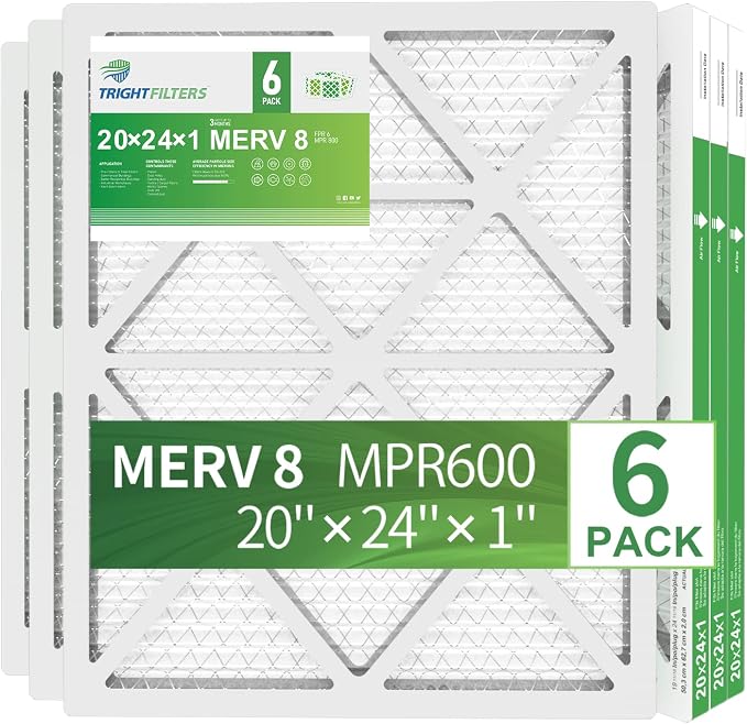 20x24x1 Air Filter 6 Pack, Durable MERV 8 Pleated Home HVAC AC Furnace Filters