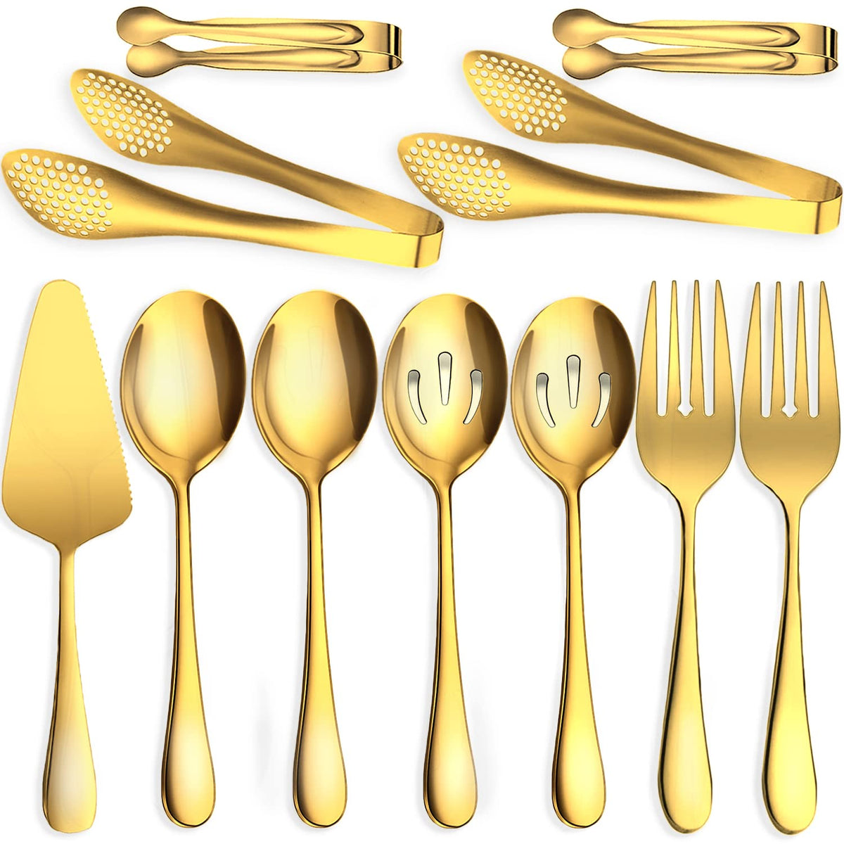 IAXSEE 11 PCS Serving Utensils, Large Stainless Steel Spoons Forks Tongs, Pie Server, Great for Hostess Buffet Catering Banquet Party, Black