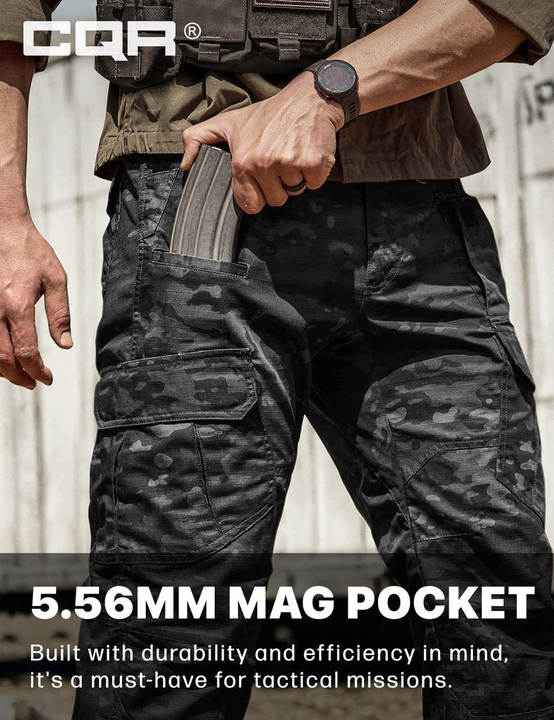 CQR Men's Tactical Pants, Water Resistant Ripstop Cargo Pants, Lightweight EDC Work Hiking Pants, Outdoor Apparel, Duratex Mag Pocket Print Utility Camo Black, 36W x 36L