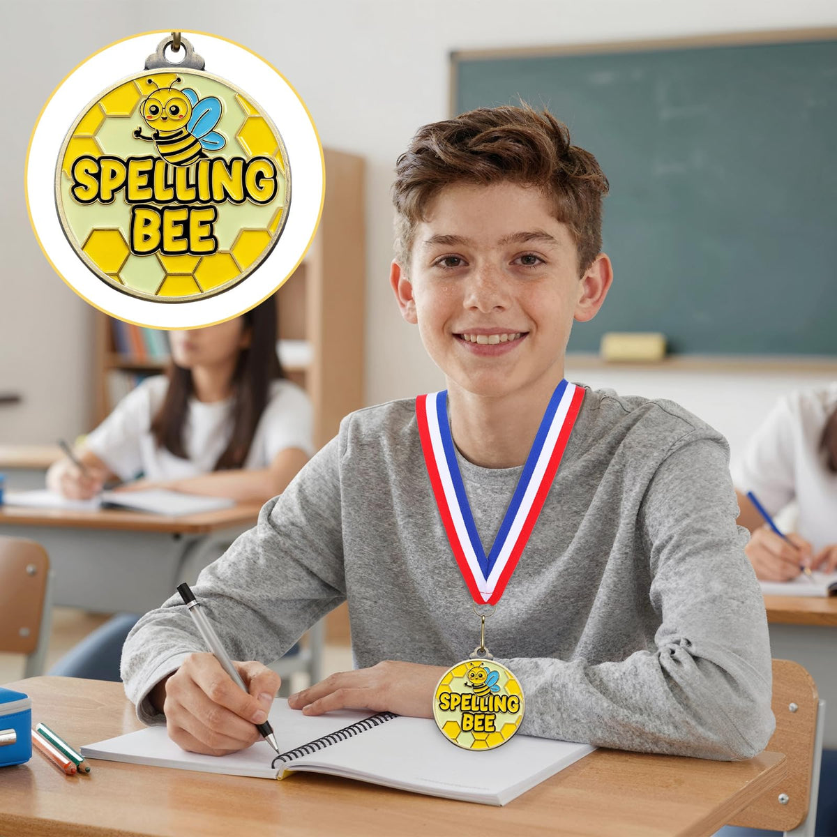 Cunno 20 Pcs Spelling Bee Medals Bulk 2'' Spelling Bee Honeycomb Award Medals with Neck Ribbon Trophy Prizes Winner Gift for School Classroom Students Teaching Competitions Supplies