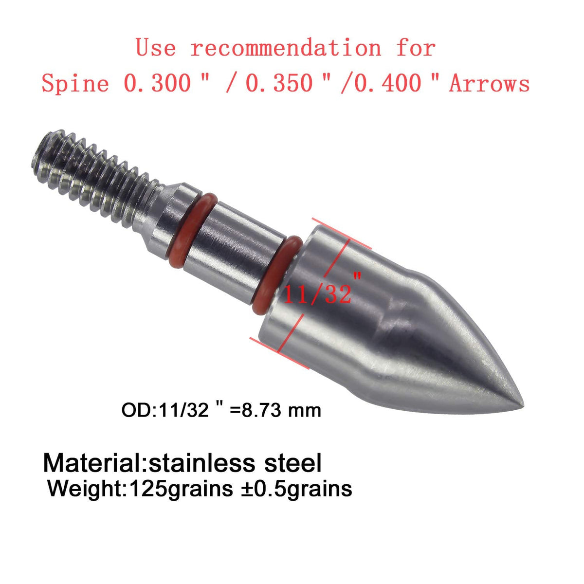 maifield Stainless Steel Archery Field Points, Easy Pull Various OD for 85/100/125/150/175/200/225/250/275/300 Grains,Screw in Archery Field Tips (11/32" Bullet Shape, 125 Grain, 125 Grain)