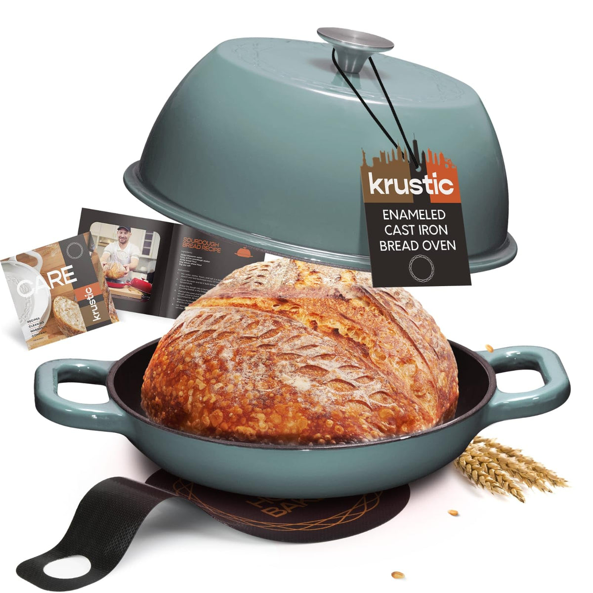 Krustic Enameled Cast Iron Dutch Oven for Sourdough Bread Baking | 6 Quart Round Pot with Lid | 10 Inch Ceramic Enamel Thick Coated Cookware Set with Non Stick Silicone Baking Mat for Cooking | 6 Qt | Red