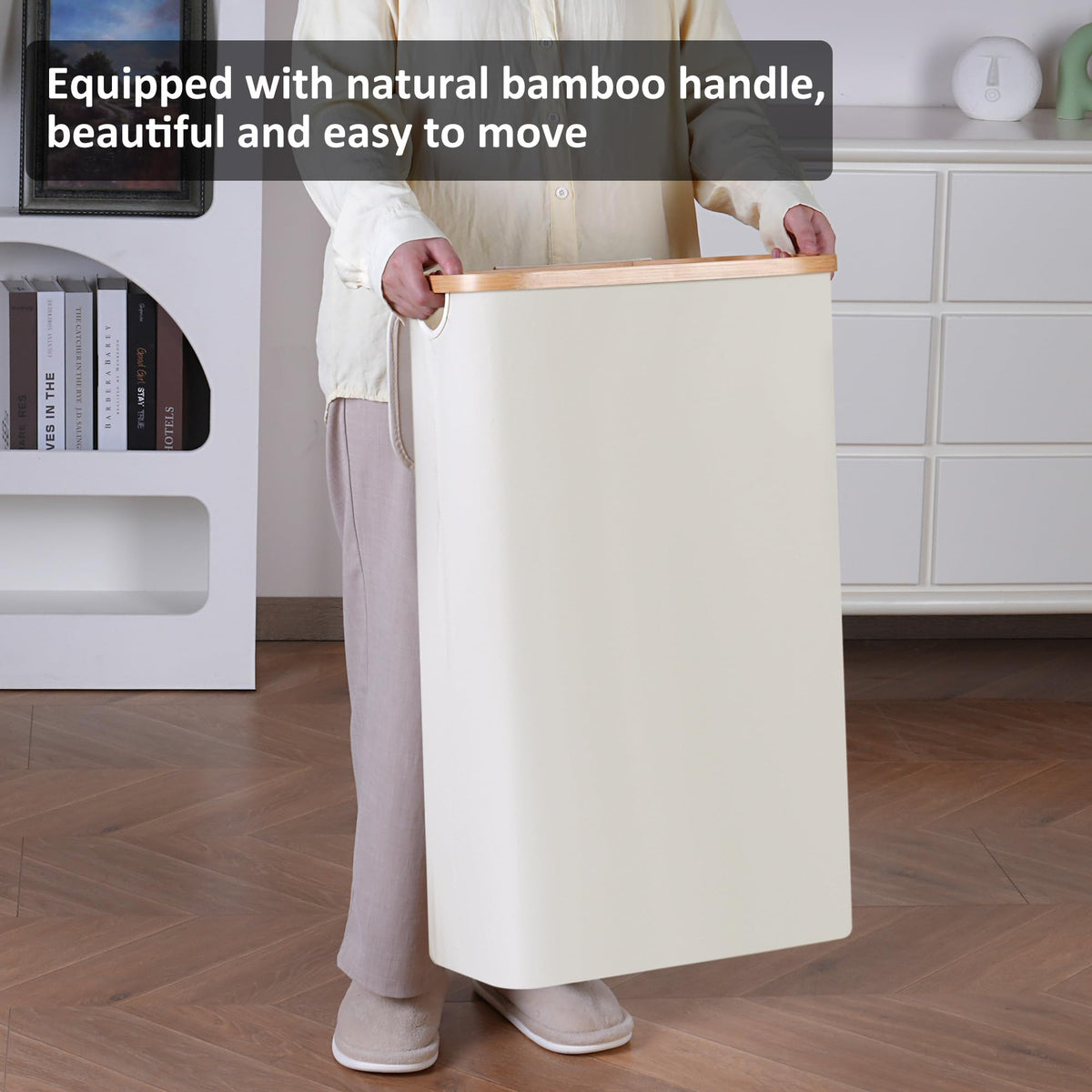 Merkisa Slim Laundry Hamper,Narrow laundry Hamper with Lid,60L Hamper for Laundry,Dirty Cloth Hamper with Bamboo Handle for Towels, Clothes Organizing,Beige
