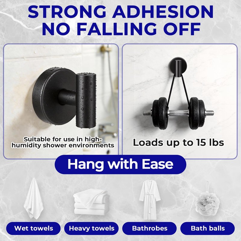 Suction Cup Hooks for Shower Heavy Duty, Shower Hooks No Drill, Shower Hooks for Inside Shower Stainless Steel, Suction Hooks for Window, Glass, Tile, Wall, Loofah, Bath Robe, Wreath, Black 2 Pack